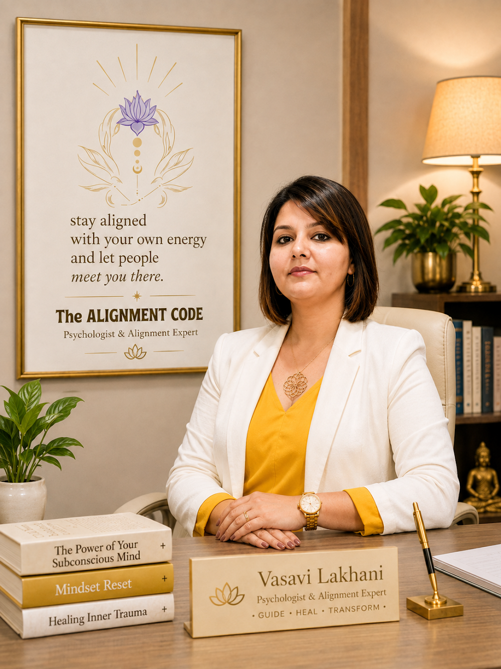 Vasavi Lakhani, Psychologist and Alignment Expert, seated at her desk in front of a framed Alignment Code poster